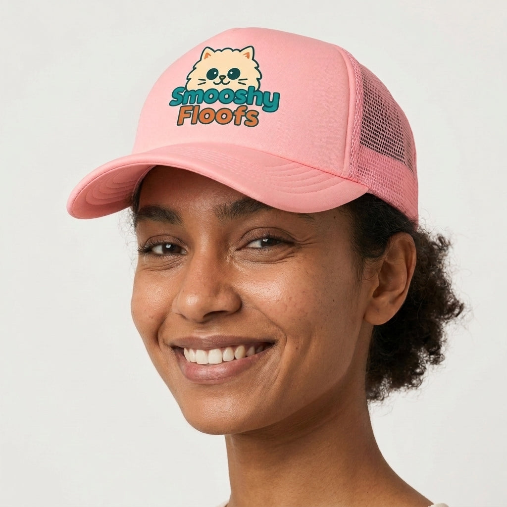 A smiling woman wearing a pink trucker-style cap with a cartoon cat face and the words 'Smooshy Floofs' embroidered on the front. The cap has a pink brim and mesh back panels, photographed against a light gray studio background.