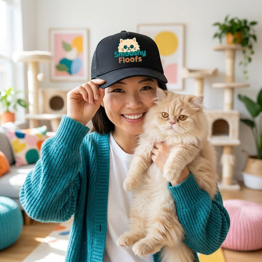 A woman in a teal cardigan holds a fluffy cream-colored cat while wearing a black trucker hat with the text 'smooshy Floofs'  on the front. The setting is a brightly lit, modern living room with cat trees and plants in the background.