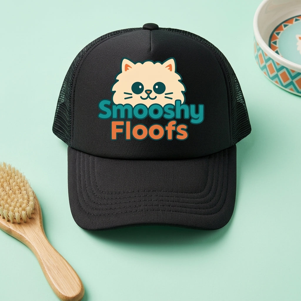 A black trucker-style cap with a cartoon cat face and the words 'Smooshy Floofs' printed on the front, styled on a mint green background with a wooden brush and a patterned bowl nearby.