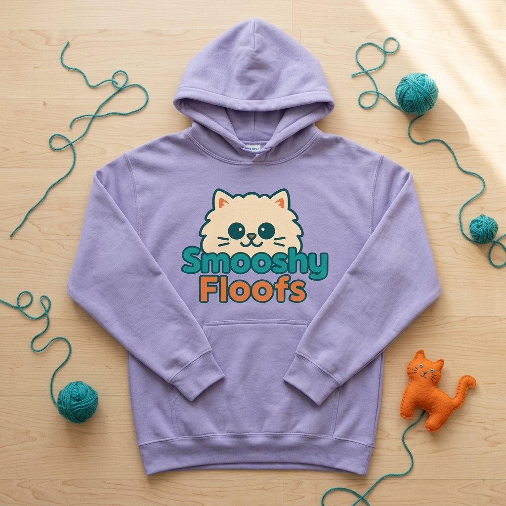 lavender hoodies with smooshy floofs logo