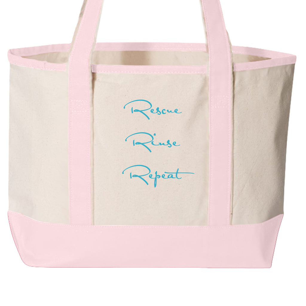 Natural canvas Smooshy Floofs tote bag with light pink handles, back view