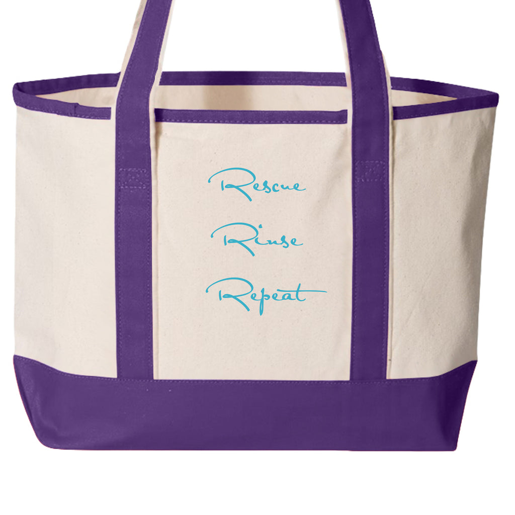 Natural canvas Smooshy Floofs tote bag with purple handles, back view
