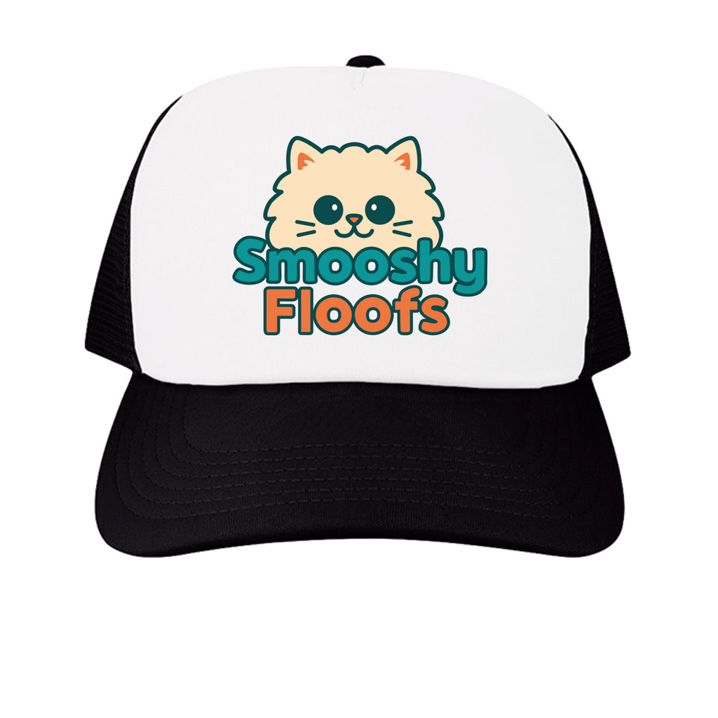 White and black Smooshy Floofs trucker cap, front view