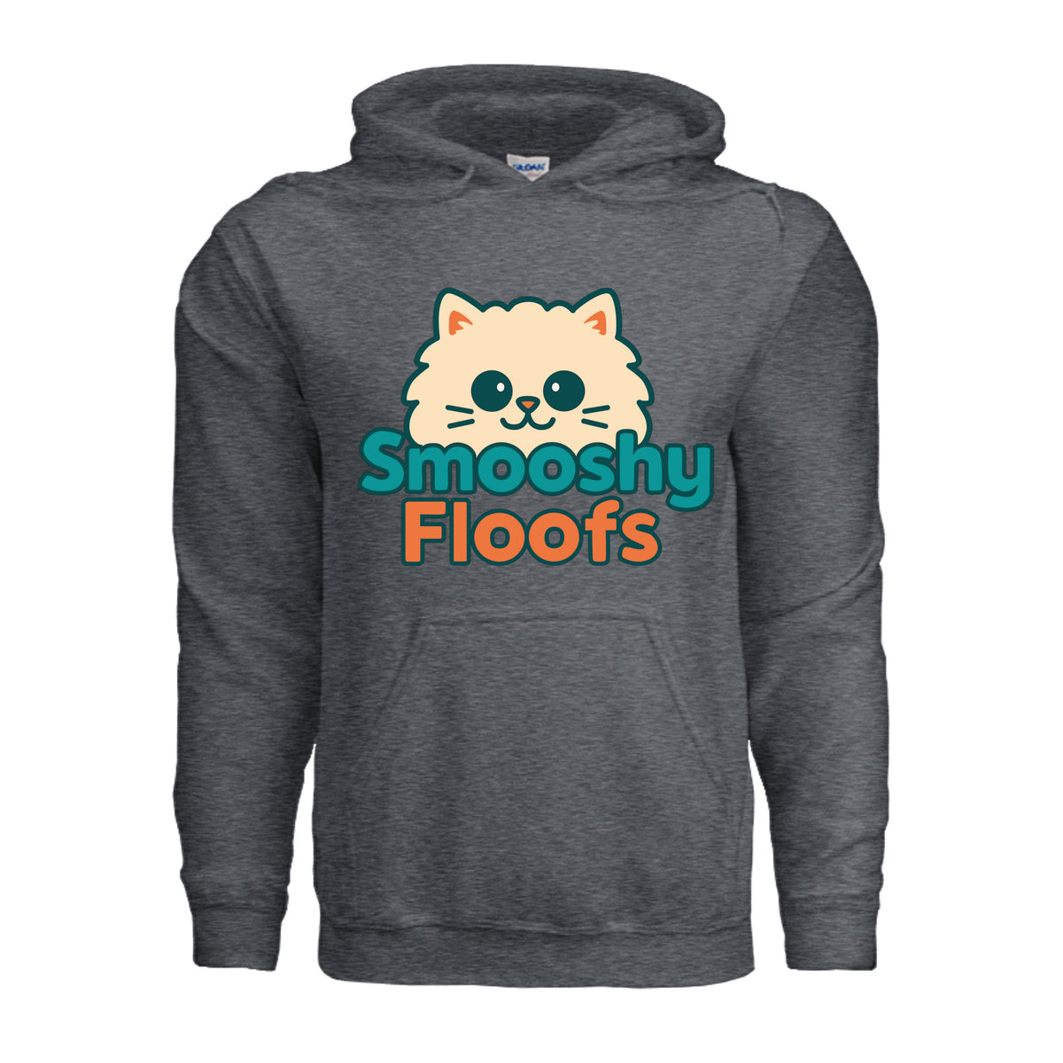 A Hoodie style shirt with smooshy floofs logo on the front