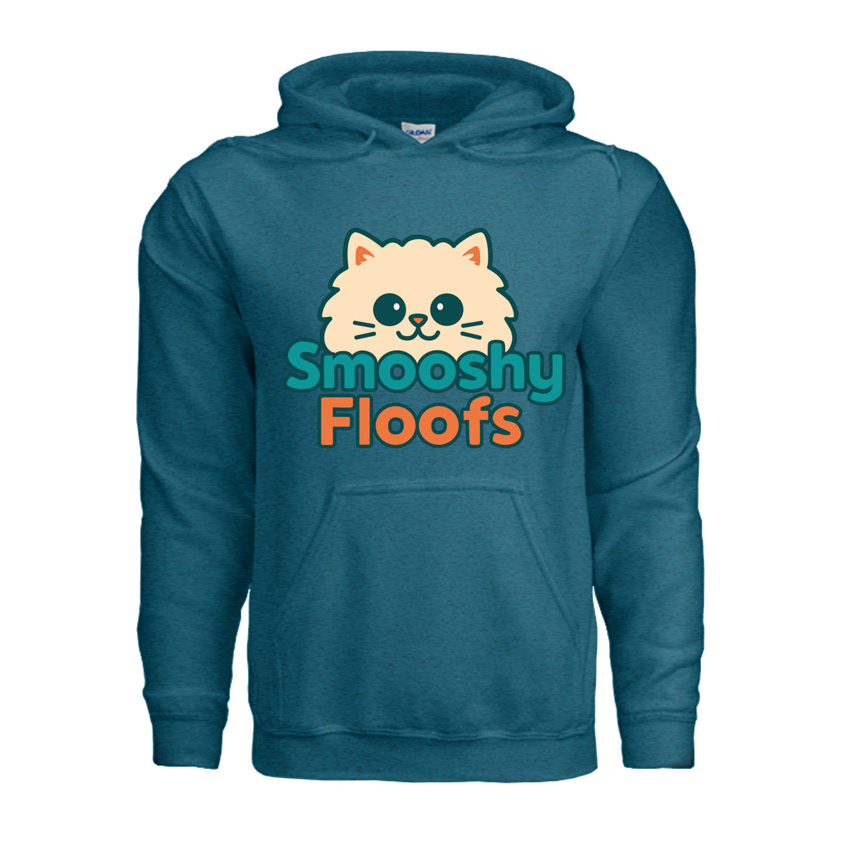 A Hoodie style shirt with smooshy floofs logo on the front