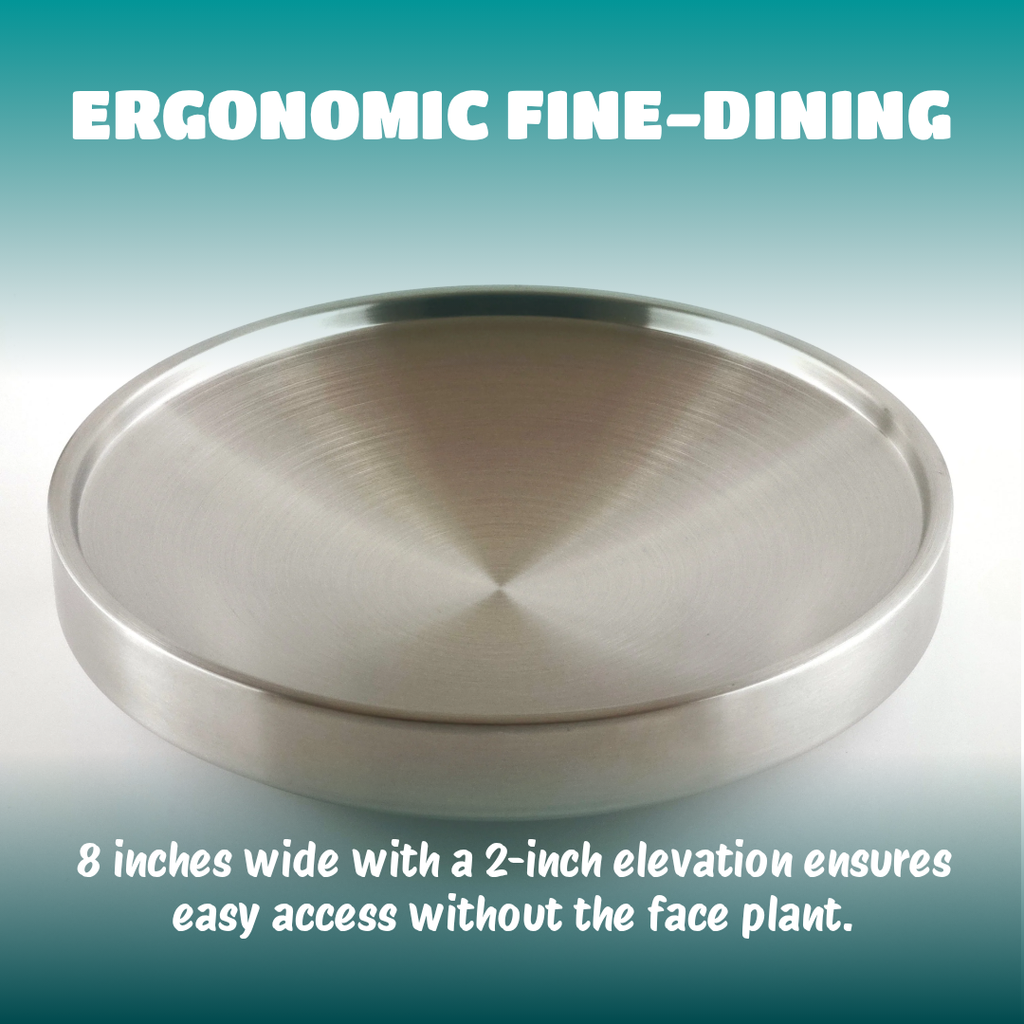 Stanelss steel plate  with text on image that sats Ergonomic fine-dining