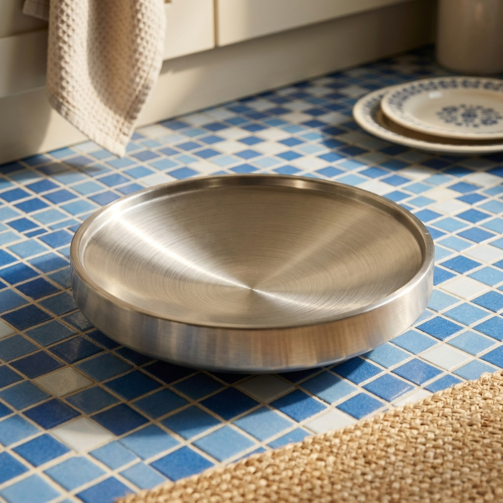 stainless steel plate on checkered tile floor next to traditional plates