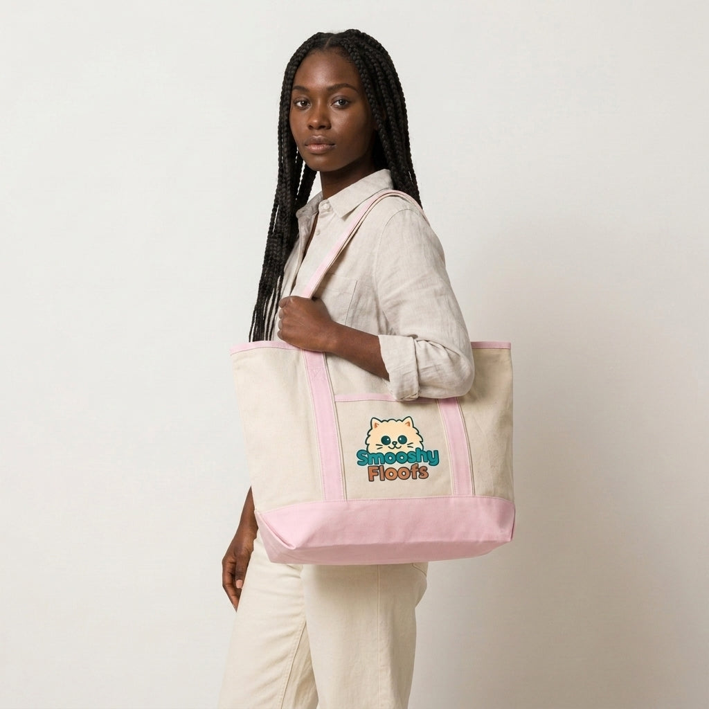 Woman carrying a natural canvas Smooshy Floofs tote bag with pink trim
