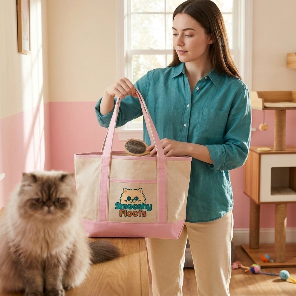 Woman carrying Smooshy Floofs canvas tote bag with cat logo and pink handles