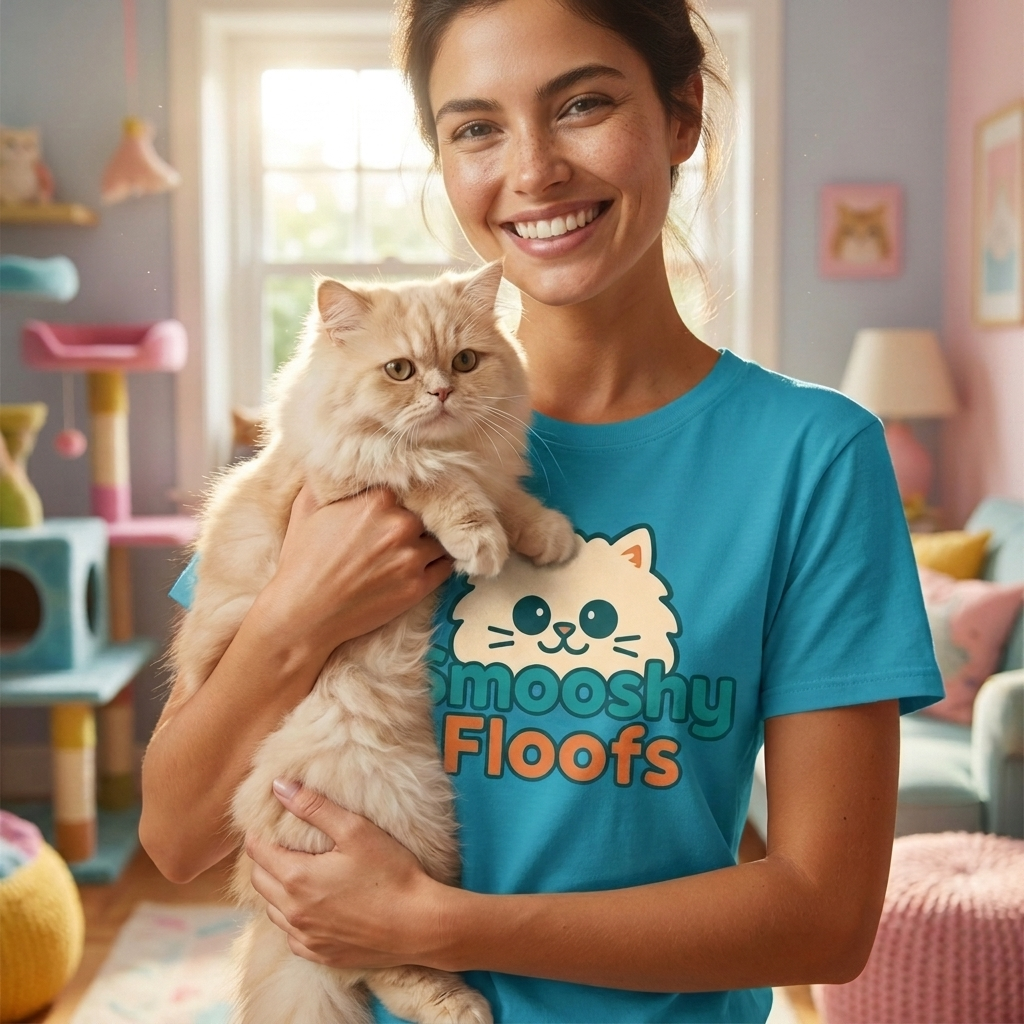 A smiling woman in a bright room holds a fluffy cream cat while wearing a turquoise T-shirt with a cartoon cat face and the words 'sMooshy Floofs' printed on the front.