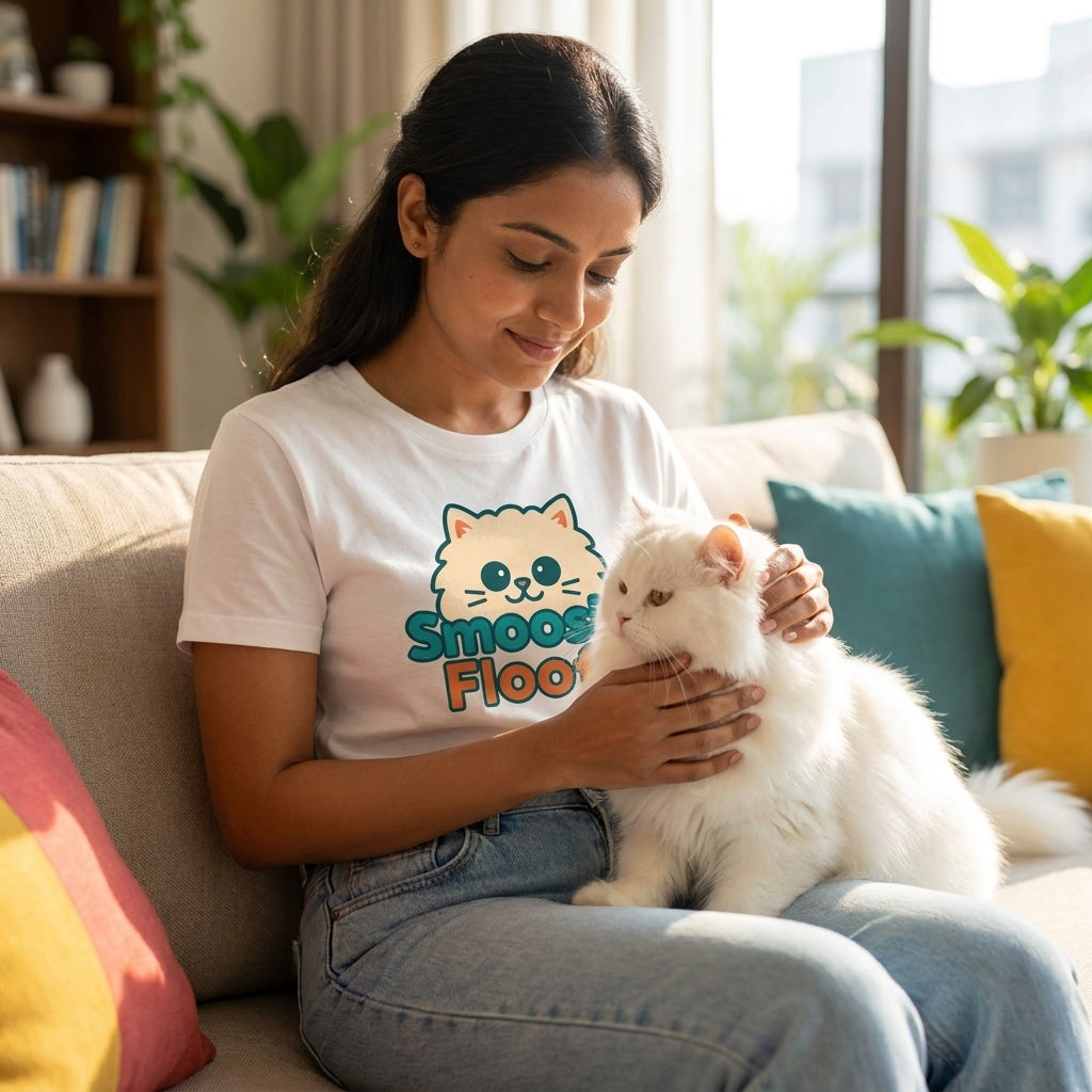 Woman wearing a white Smooshy Floofs cat logo T-shirt while holding a fluffy white cat