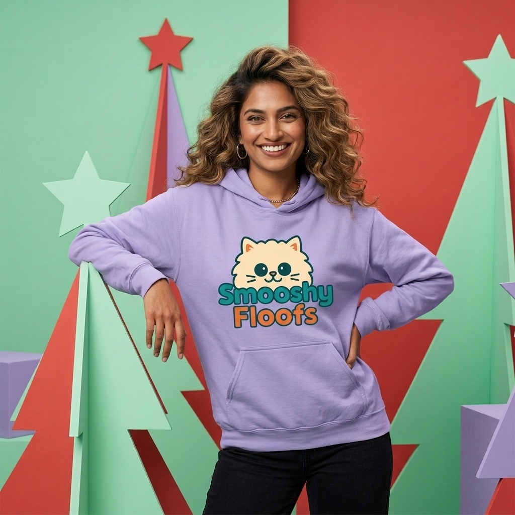 A woman wearing a lavender hoodie with a cartoon cat graphic and the text 'Smooshy Floofs' stands in front of a colorful background with green and red geometric shapes and star cutouts.